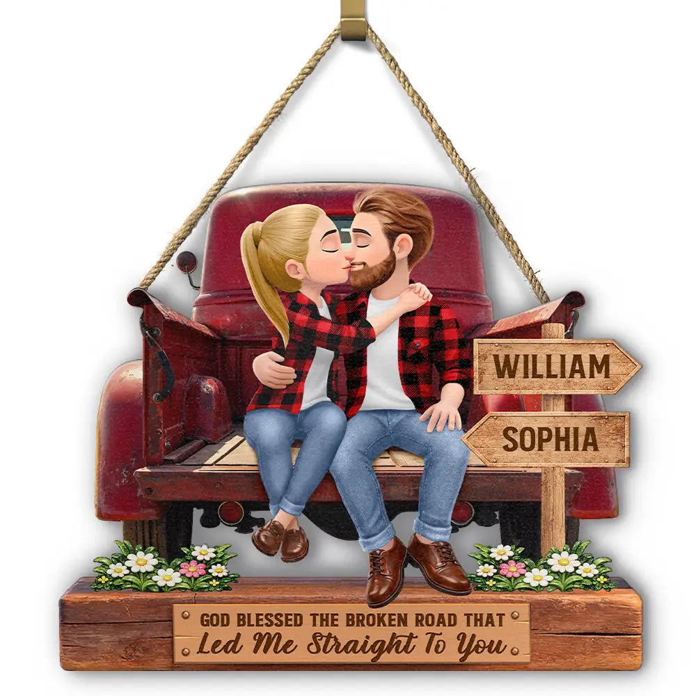 God Blessed The Broken Road Flannel Couple - Personalized Custom Shaped Wood Sign