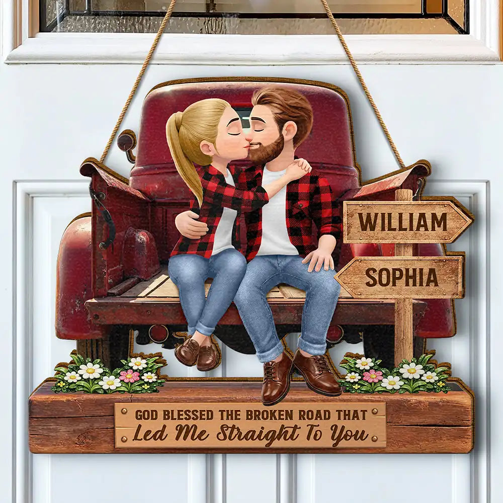 God Blessed The Broken Road Flannel Couple - Personalized Custom Shaped Wood Sign