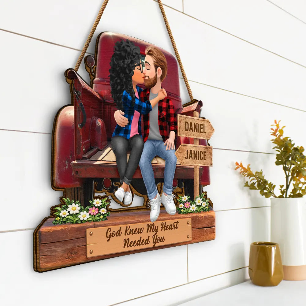 Gift For Couples, Gift For Husband, Gift For Wife, Gift For Girlfriend, Gift For Boyfriend, Love - God Blessed The Broken Road Flannel Couple - Personalized Custom Shaped Wood Sign