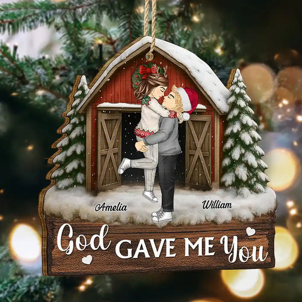 Christmas,Gift For Couples,Gift For Husband,Gift For Wife,Gift For Boyfriend,Happy - God Gave Me You Couple Red Barn - Personalized Custom Shaped Wooden Ornament