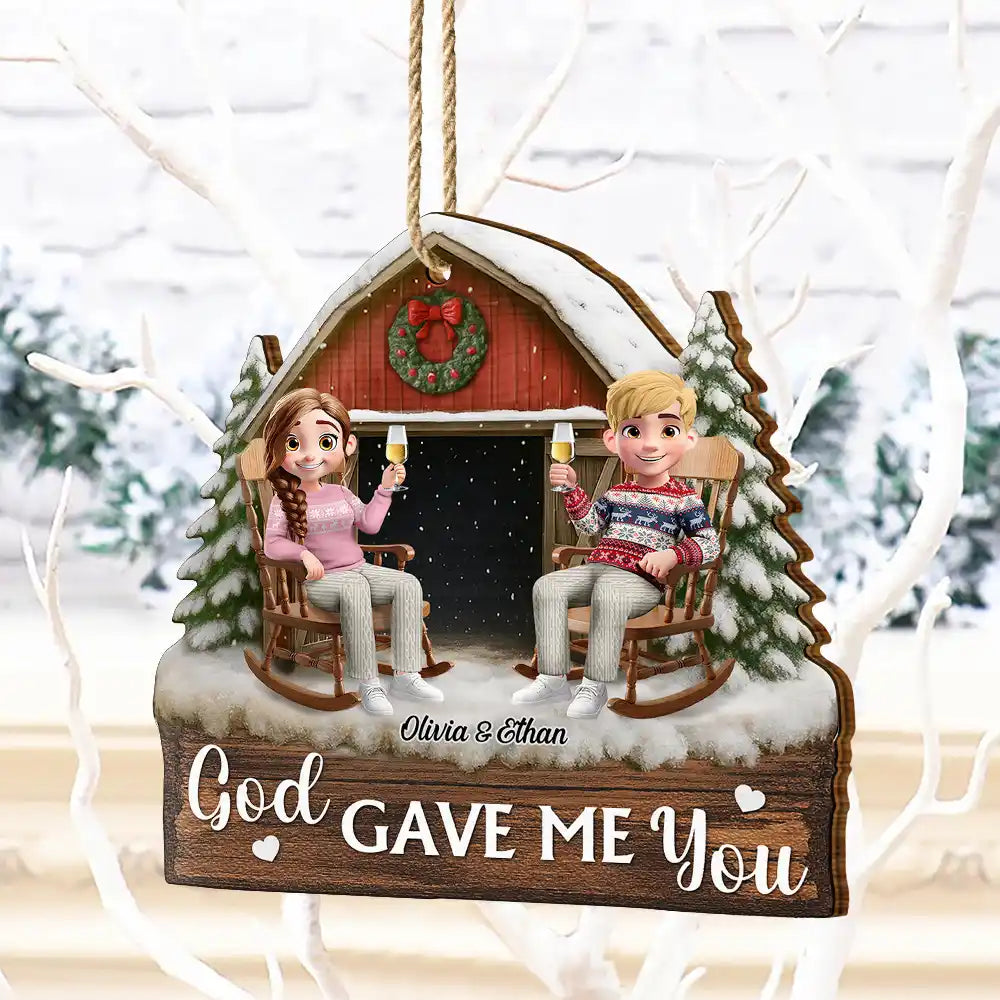 Christmas, Gift For Couples, Gift For Husband, Gift For Wife, Gift For Boyfriend, Gift For Girlfriend, Happy - God Gave Me You Couple Red Barn Couple Sitting - Personalized Custom Shaped Wooden Ornament