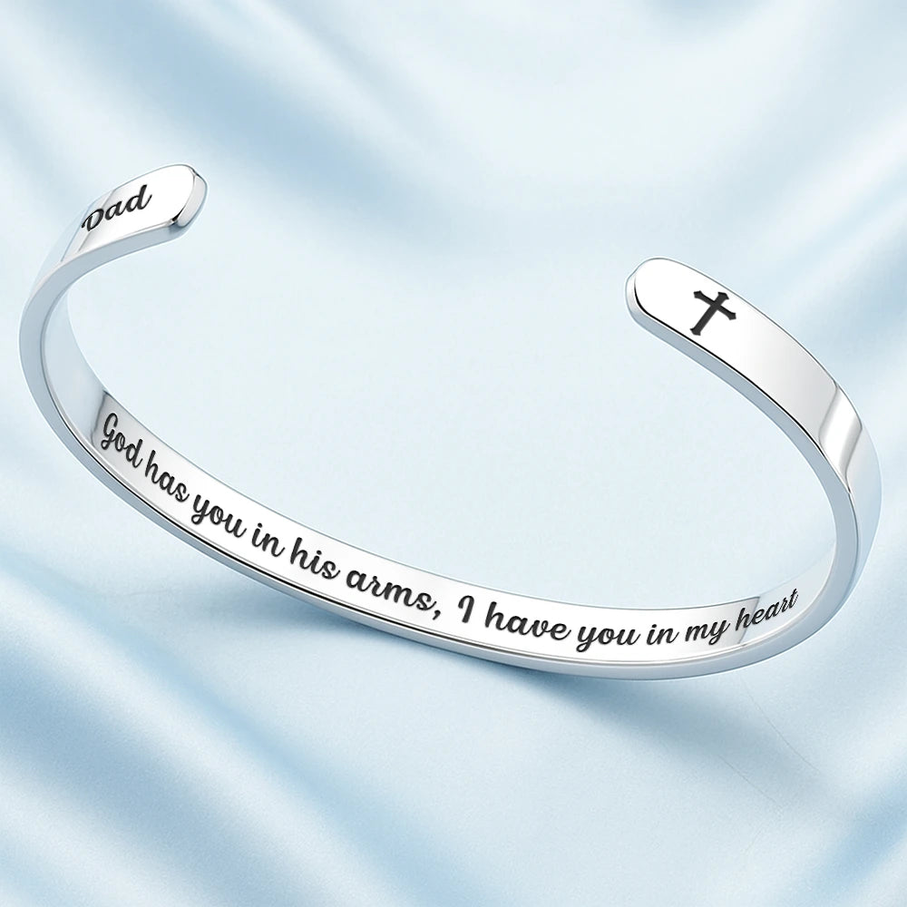 Christian,Christmas,Memorial,Sad,Family -  God Has You In His Arms I Have You In My Heart - Personalized Bangle Bracelet Cuff - Personalized Bangle Bracelet Cuff