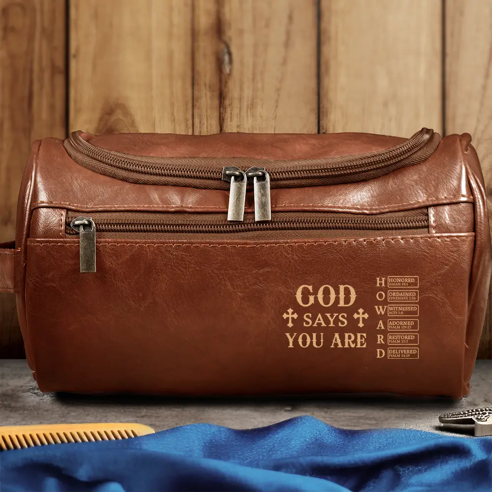 Gift For Men,Christian,Gift For Boyfriend,Gift For Husband,Gift For Uncle,Gift For Grandpa,Gift For Father,Gift For Son,Gift For Brothers,Gift For Yourself - God Says I Am - Personalized Leather Toiletry Bag