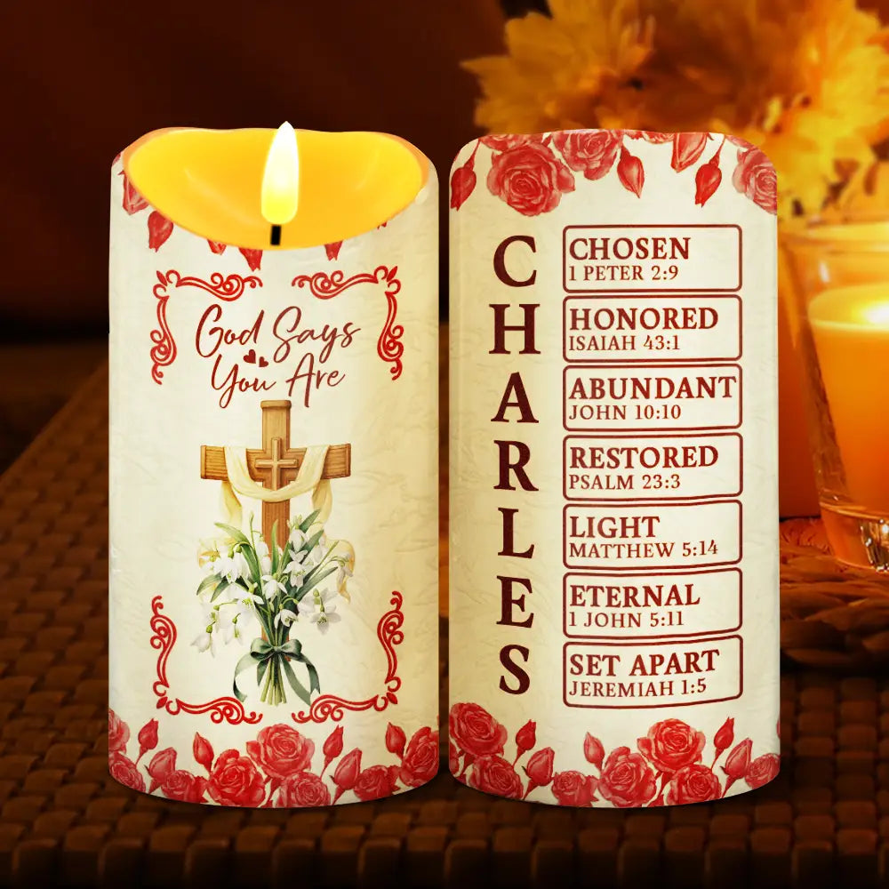 Christmas,Christian,Gift For Yourself - God Says I Am 3D Effect Flower Border - Personalized Flameless LED Candle