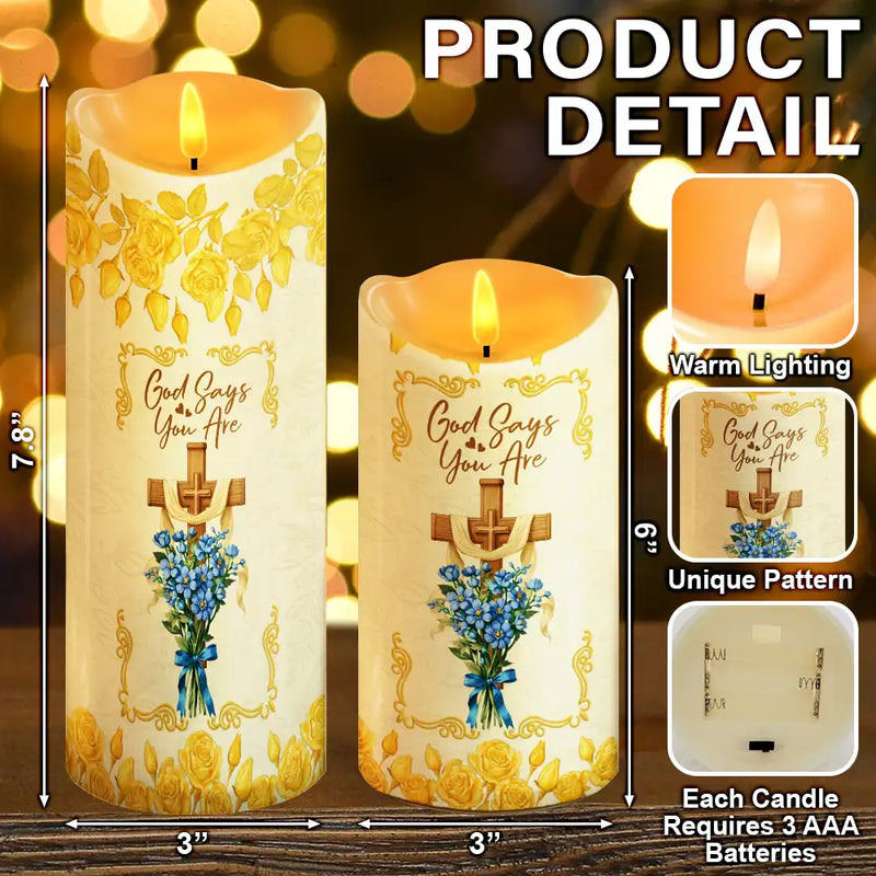 Christmas,Christian,Gift For Yourself - God Says I Am 3D Effect Flower Border - Personalized Flameless LED Candle