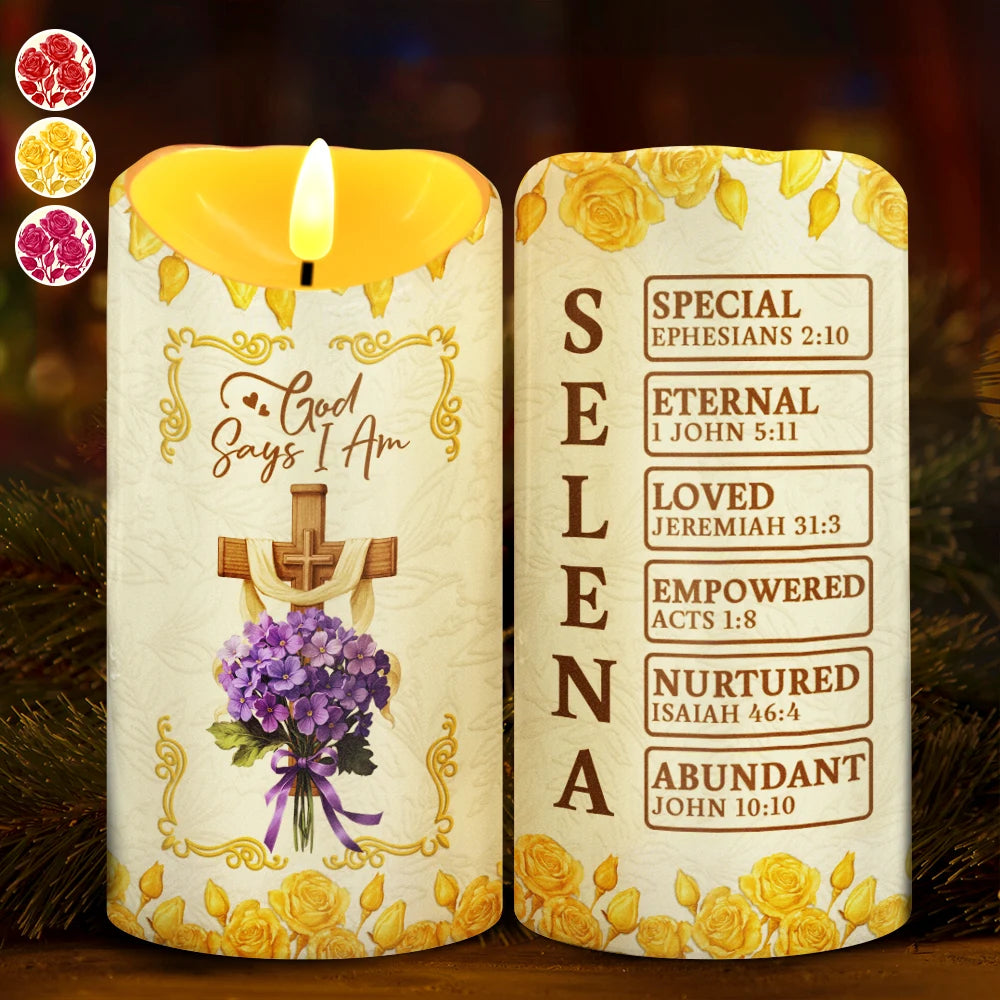 Christmas,Christian,Gift For Yourself - God Says I Am 3D Effect Flower Border - Personalized Flameless LED Candle