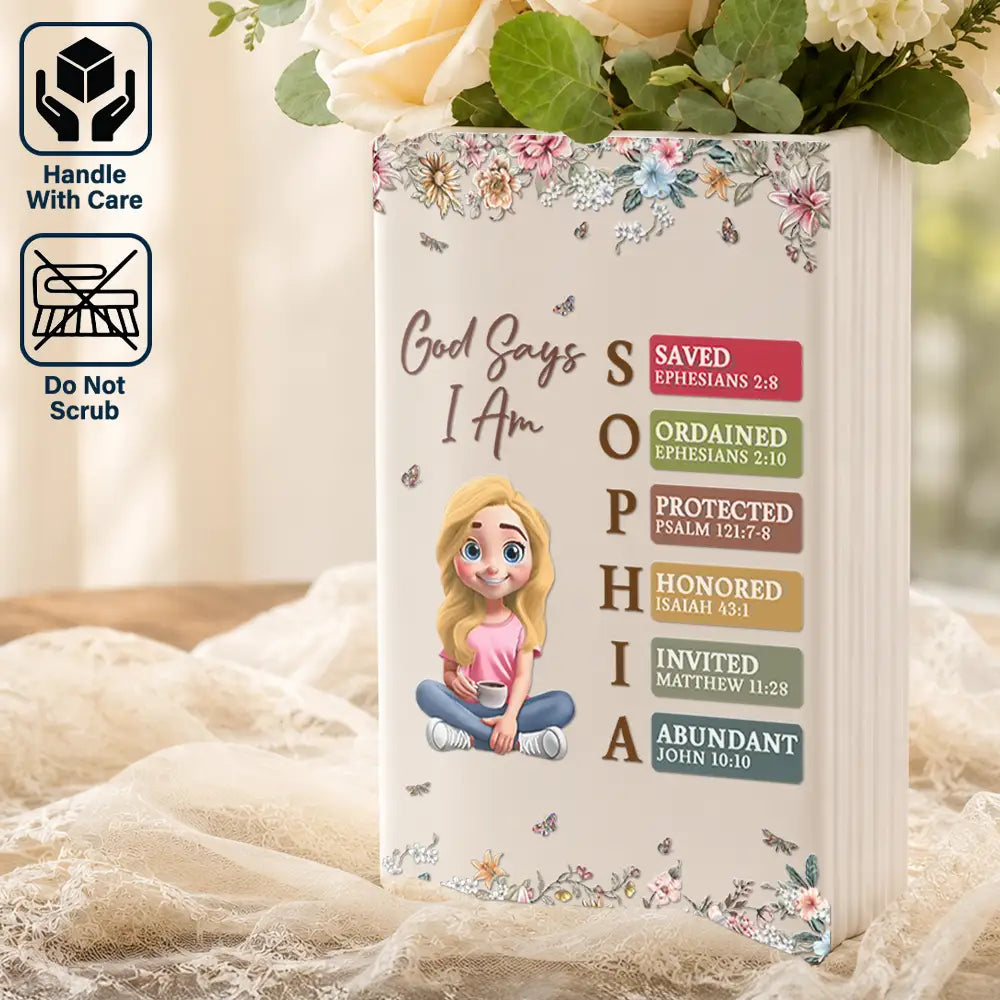 Gift For Yourself, Gift For Women, Reading, Happy, Gift For Men - God Says I Am Bible Verse - Personalized Ceramic Book Vase