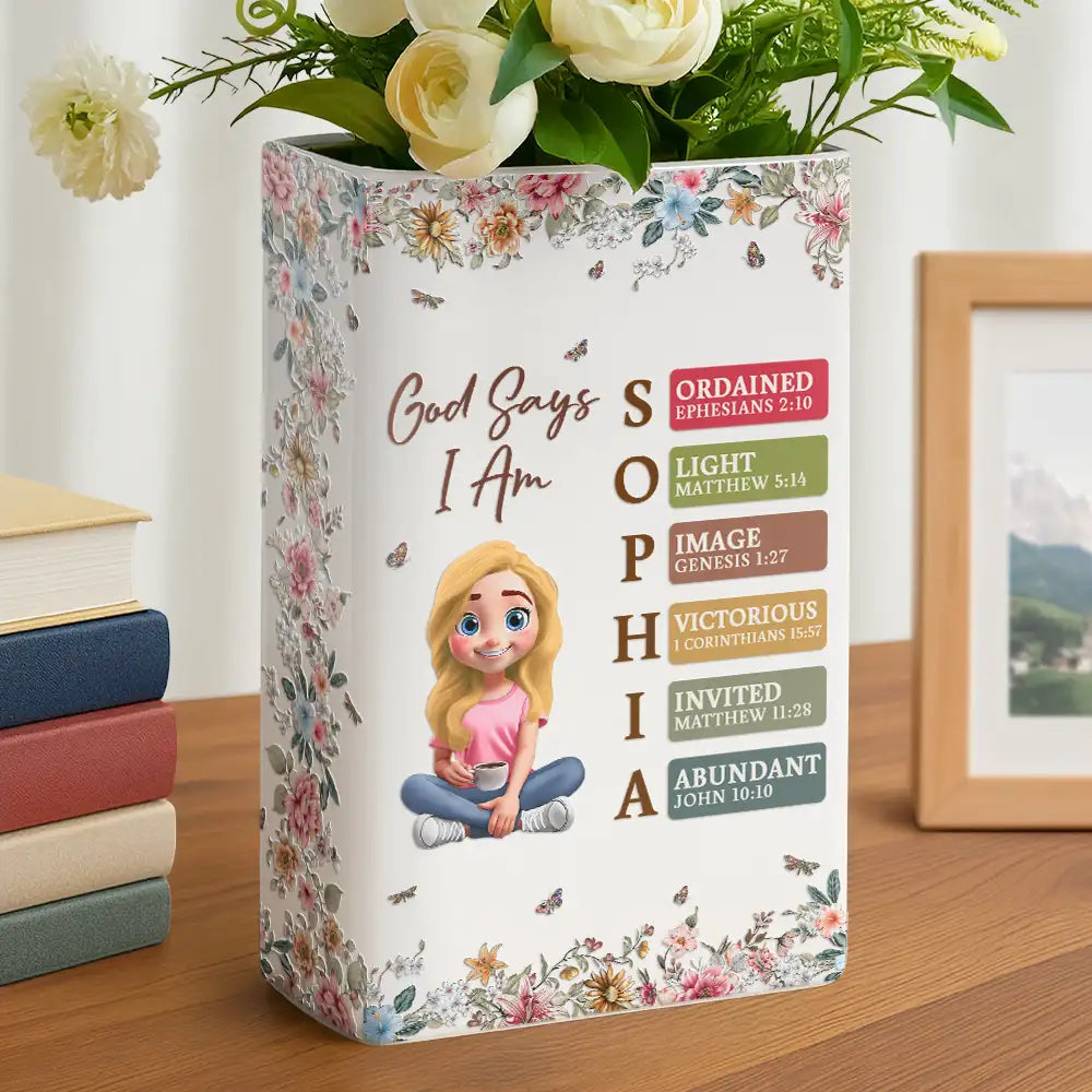 God Says I Am Bible Verse - Personalized Ceramic Book Vase