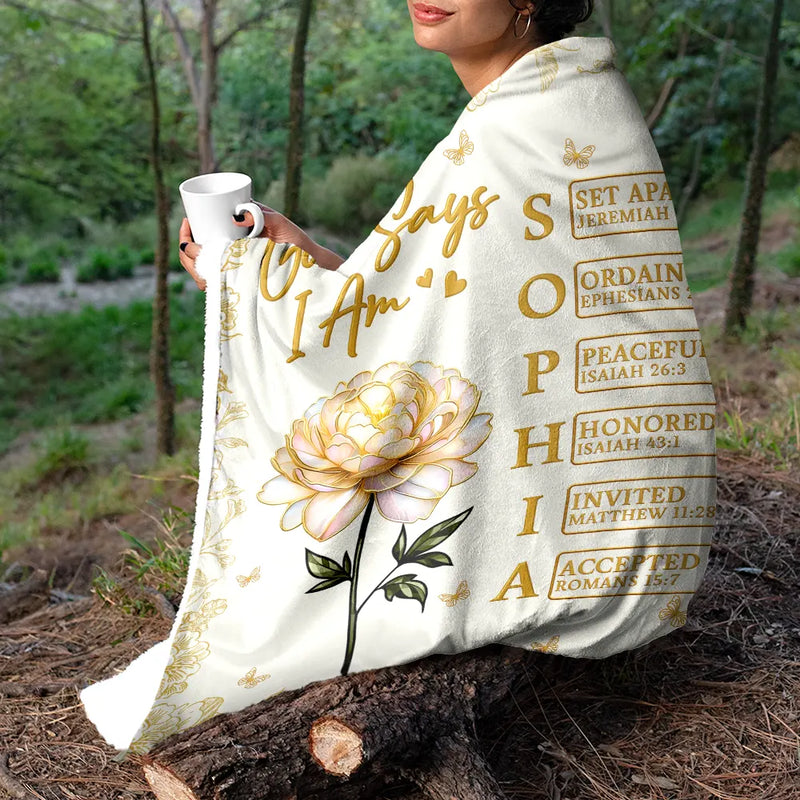 Gift For Yourself, Gift For Women, Happy, Gift For Men, Top Market - God Says I Am Birth Flower 3D Effect Name Letter In Bible - Personalized Fleece Blanket, Sherpa Blanket
