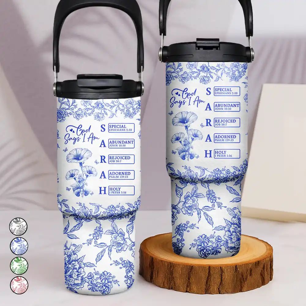 God Says I Am Toile De Jouy Flower - Personalized 30oz Tumbler With Handle
