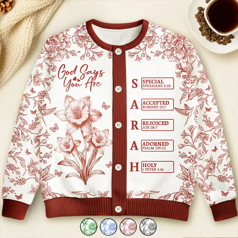 God Says I Am Toile De Jouy Flower - Personalized Cardigan