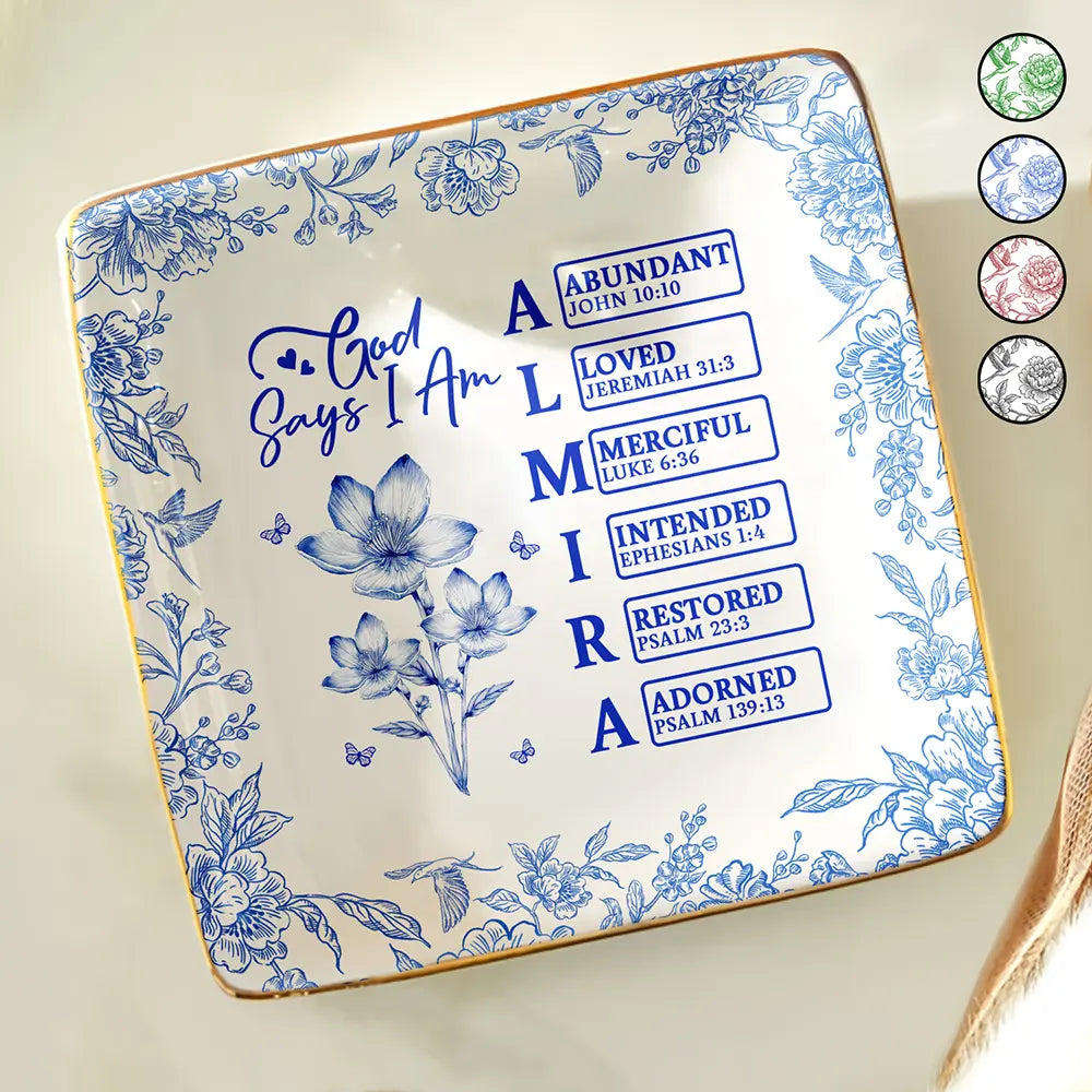 God Says I Am Toile De Jouy Flower - Personalized Ring Dish