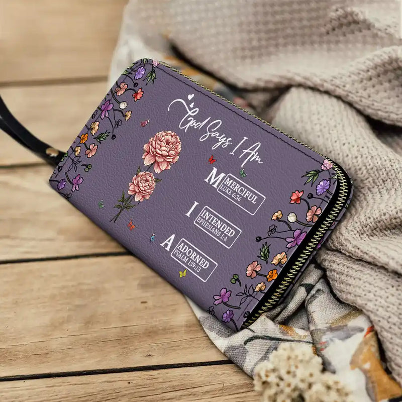 Gift For Mother,Gift For Grandma,Happy - God Says You Are Birth Month Flower - Personalized Leather Long Wallet