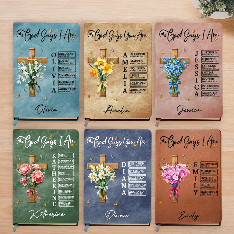 Christian, Gift For Yoursel - God Says You Are Flower Bouquet - Personalized Leather Journal