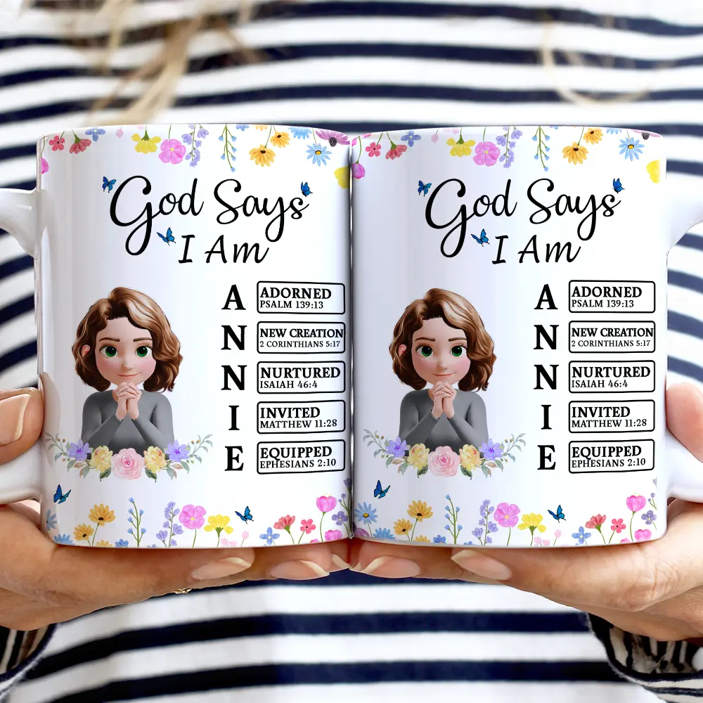 Christian,Gift For Yourself,Gift For Women - God Says You Are Praying Woman Girl With Flower Base - Personalized White Edge-to-Edge Mug