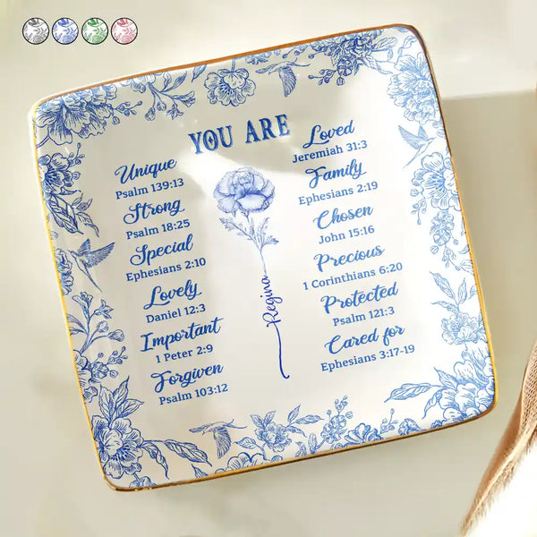 Gift For Yourself,Gift For Women,Happy,Christian - God Says You Are Toile De Jouy Birth Flower - Personalized Ring Dish
