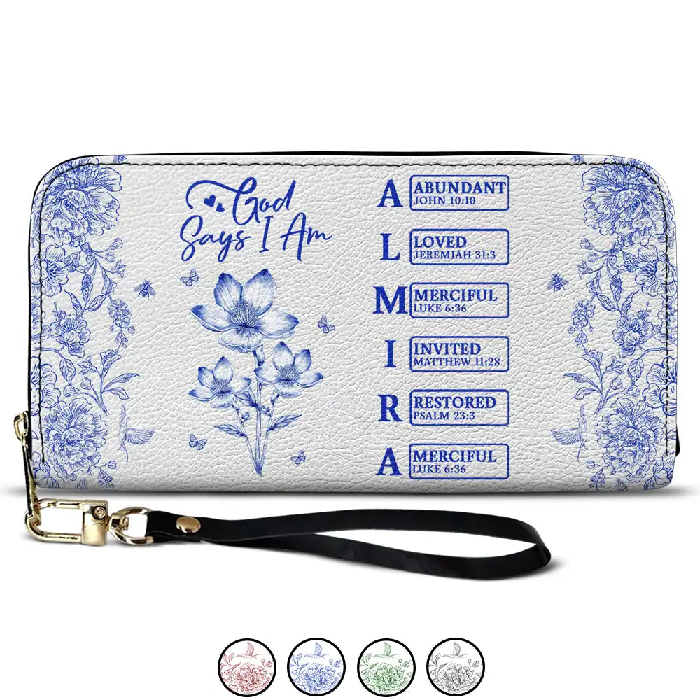 God Says You Are Toile Pattern - Personalized Leather Long Wallet