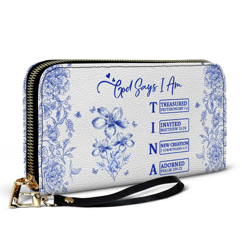 Gift For Mother, Gift For Grandma, Happy - God Says You Are Toile Pattern - Personalized Leather Long Wallet