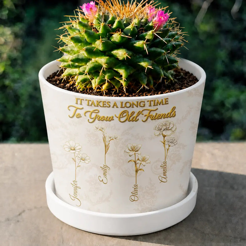 Old Besties, Sentimental, Gift For Bestie, Gardening, Outdoor Decor, Icon - Gold Birth Month Flower Grow An Old Friend - Personalized Plant Pot