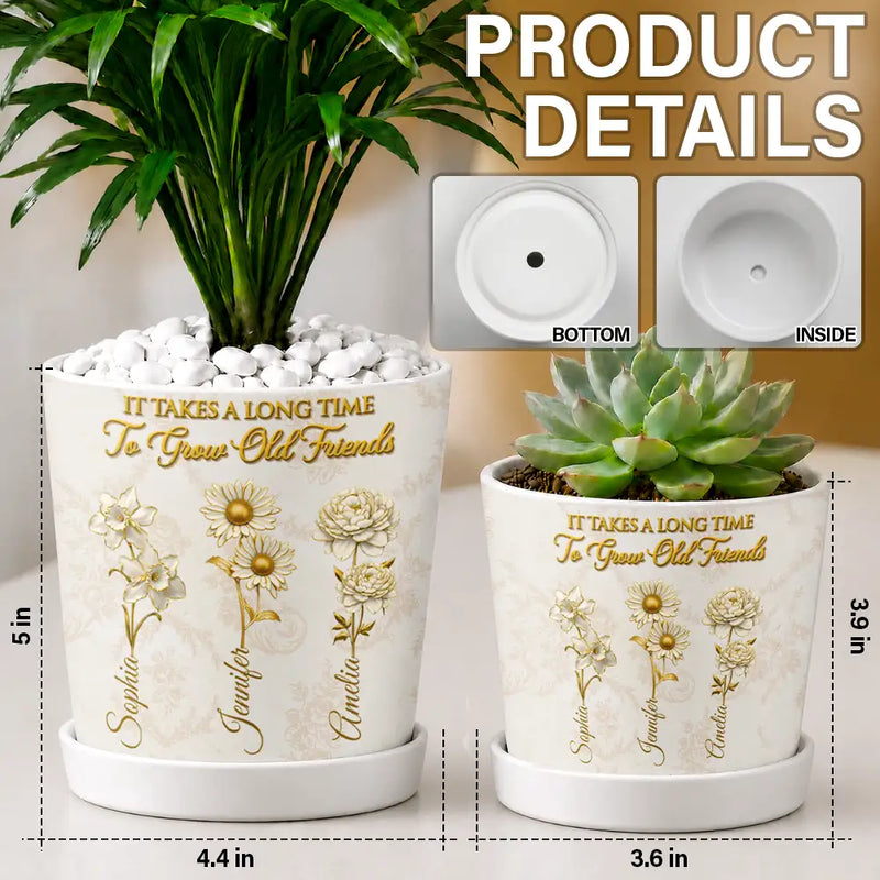 Old Besties, Sentimental, Gift For Bestie, Gardening, Outdoor Decor, Icon - Gold Birth Month Flower Grow An Old Friend - Personalized Plant Pot