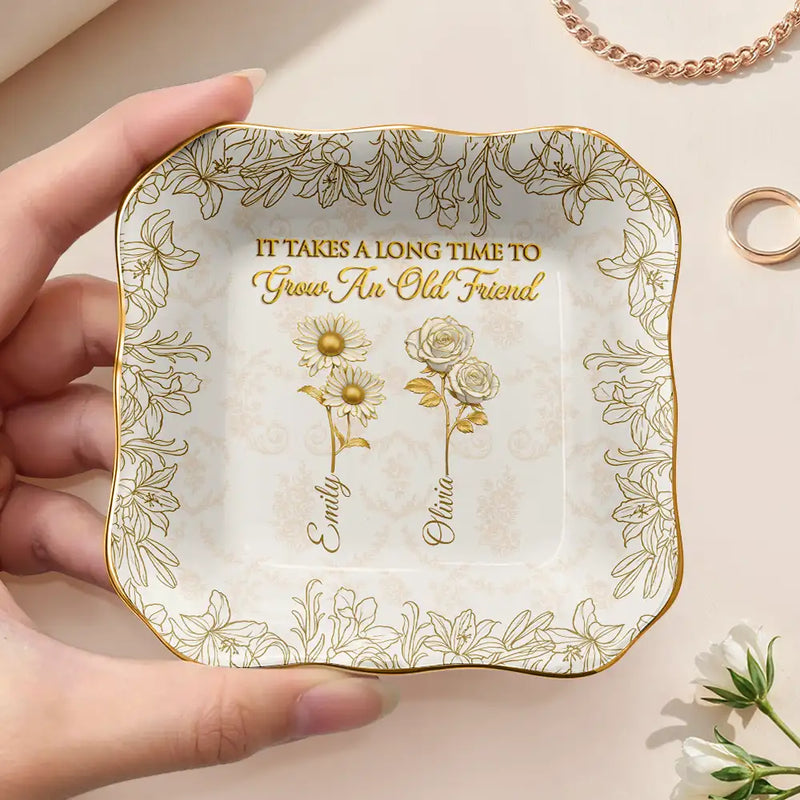 Old Besties,Sentimental,Gift For Bestie,Icon - Gold Birth Month Flower Grow An Old Friend - Personalized Ring Dish