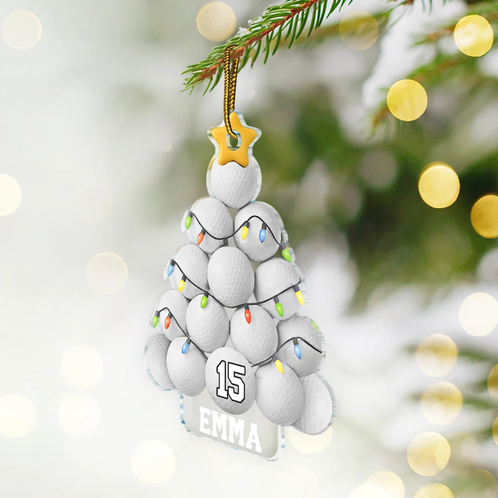 Gift For Yourself, Gift For Women, Gift For Men, Baseball, Basketball, Football, Golf, Happy, Christmas - Golf Ball Christmas Tree - Personalized Custom Shaped Acrylic Ornament