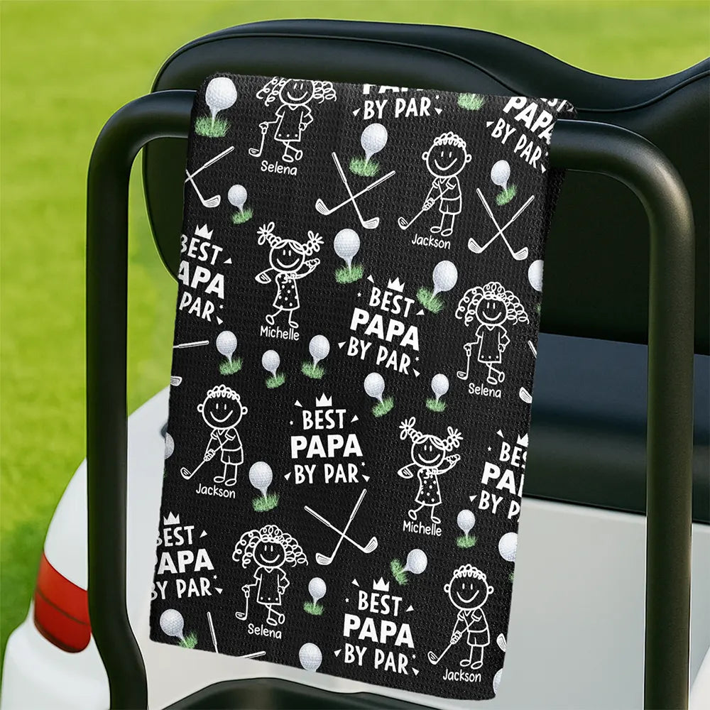 Sport Dad,Golf,Gift For Father,Stick Figure,Non-Eng,Icon,Playful - Golf Dad Best Dad By Par Kid Stick Figures - Personalized Golf Towel