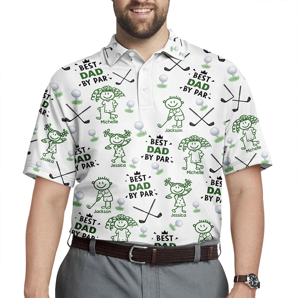 Sport Dad,Golf,Gift For Father,Stick Figure,Icon,Playful - Golf Dad Best Dad By Par Kid Stick Figures - Personalized Polo Shirt