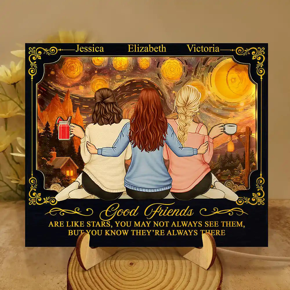 Gift For Bestie,Old Best friends,Gift For Brothers,Love - Good Friends Are Like Stars - Personalized LED Light Wooden Plaque