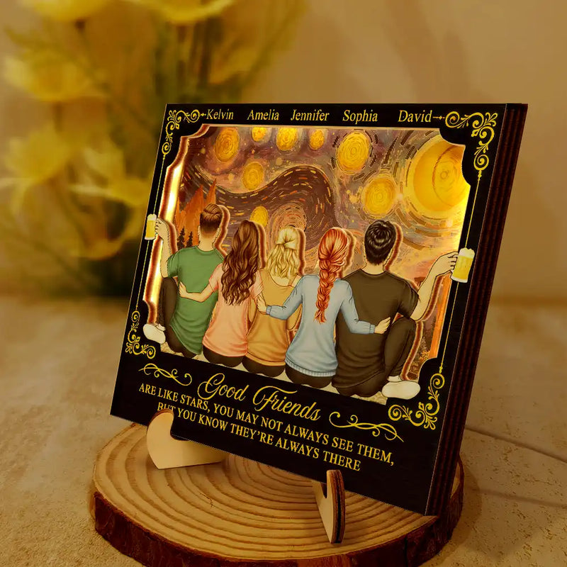 Gift For Bestie,Old Best friends,Gift For Brothers,Love - Good Friends Are Like Stars - Personalized LED Light Wooden Plaque