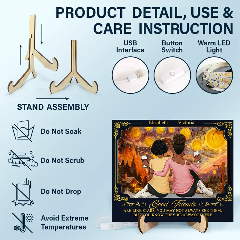 Gift For Bestie,Old Best friends,Gift For Brothers,Love - Good Friends Are Like Stars - Personalized LED Light Wooden Plaque