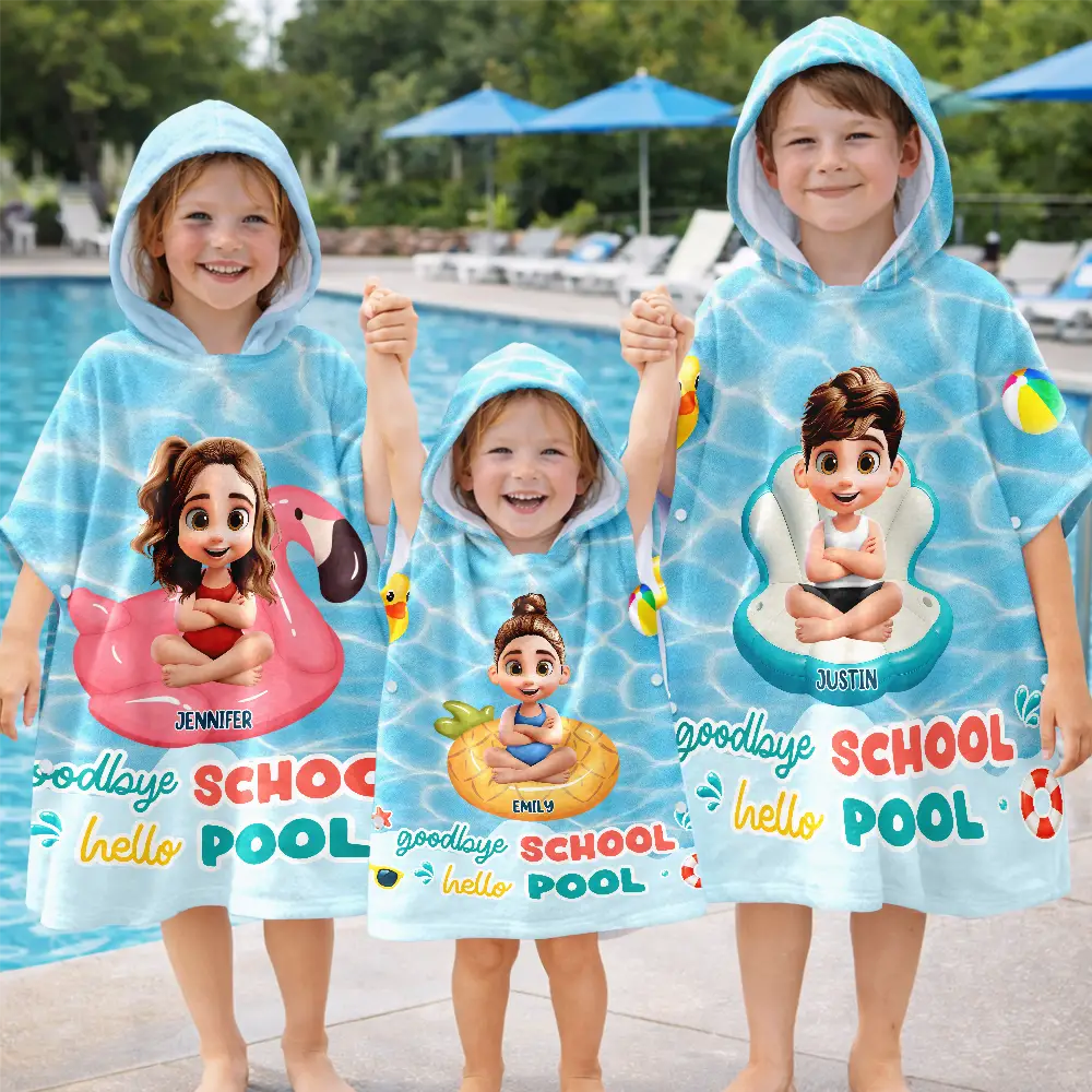 Gift For Kids, Beach, Summer, Adorable, Vector - Goodbye School Hello Pool 3D Kid Cartoon Summer - Personalized Kids Hooded Poncho Towel