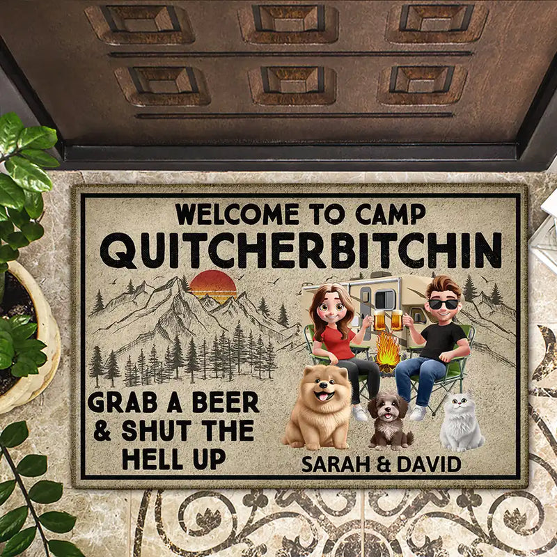 Gift For Couples,Gift For Wife,Gift For Husband,Gift For Boyfriend,Gift For Girlfriend,Camping,Funny,Campsite,Pet Lovers,Cat Lovers,Dog Lovers,Couple's Hobby - Grab A Beer And Shut The Hell Up Camping - Personalized Doormat