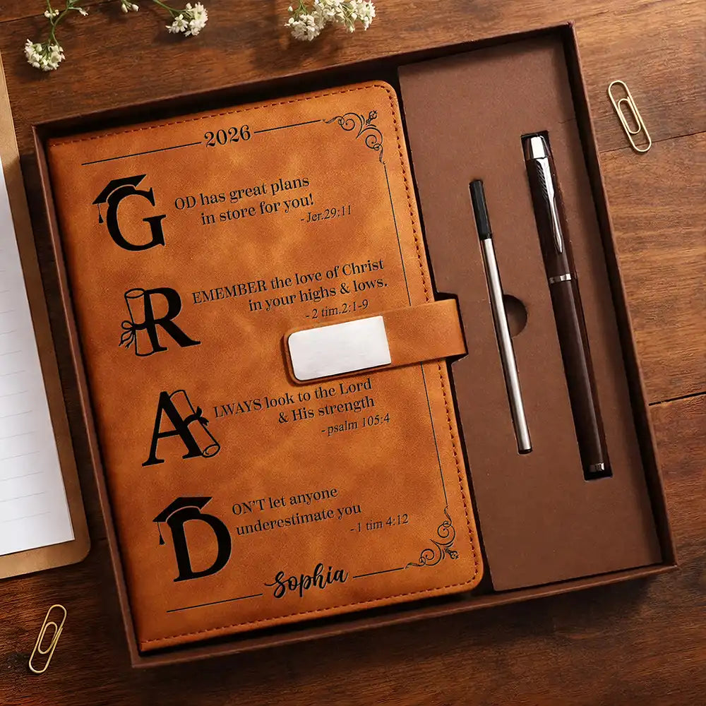 Graduation,Happy,Gift For Yourself,Gift For Women,Gift For Men,Gift For Daughter,Gift For Son,Gift For Bestie - Grad Monogram With Faith-Filled Inspiration - Personalized Leather Notebook Set