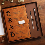 Graduation,Happy,Gift For Yourself,Gift For Women,Gift For Men,Gift For Daughter,Gift For Son,Gift For Bestie - Grad Monogram With Faith-Filled Inspiration - Personalized Leather Notebook Set