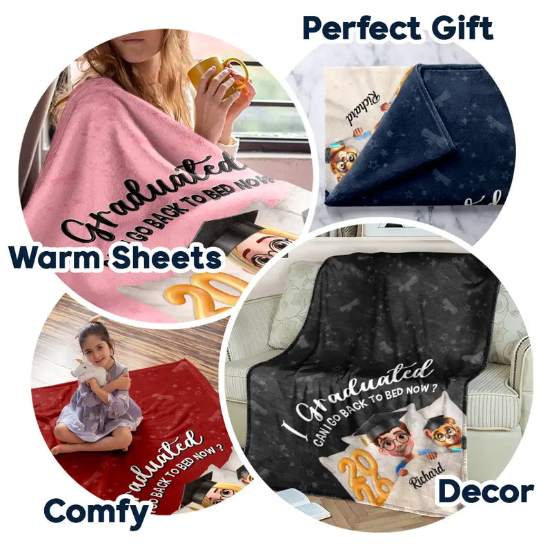 Graduation,Gift For Women,Gift For Men,Happy - Graduated Can I Go Back To Bed Now 3D Effect - Personalized Fleece Blanket, Sherpa Blanket