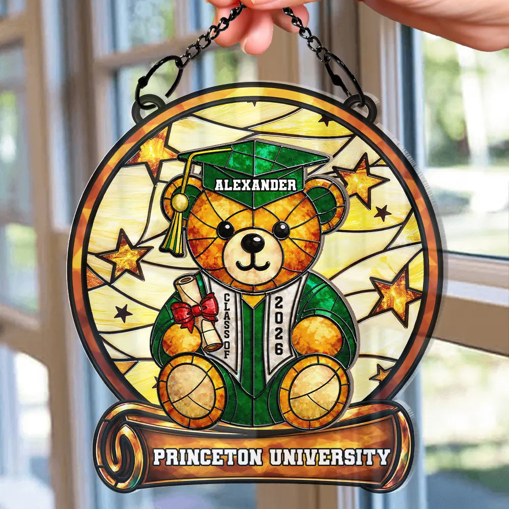 Graduation,Gift For Kids,Gift For Daughter,Gift For Son,Gift For Sibling,Gift For Sisters,Gift For Brothers,Gift For Bestie,Happy,Icon - Graduation Bear - Personalized Window Hanging Suncatcher Ornament