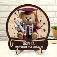 Graduation, Gift For Daughter, Gift For Son, Happy - Graduation Bear 3D Effect - Personalized 2-Layered Wooden Plaque With Stand