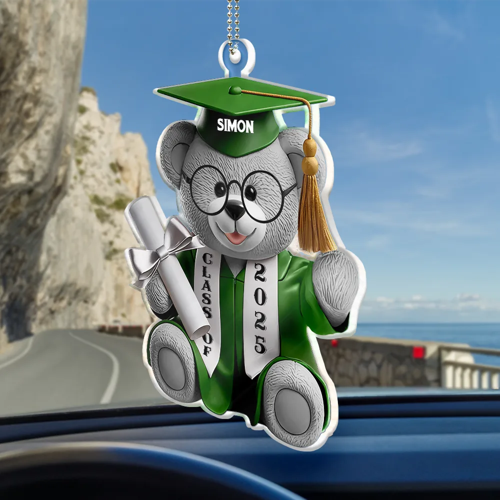 Graduation, Dad - Children, Mom - Children, Happy, Gift For Brothers, Gift For Sibling - Graduation Bear 3D Effect - Personalized Acrylic Car Hanger