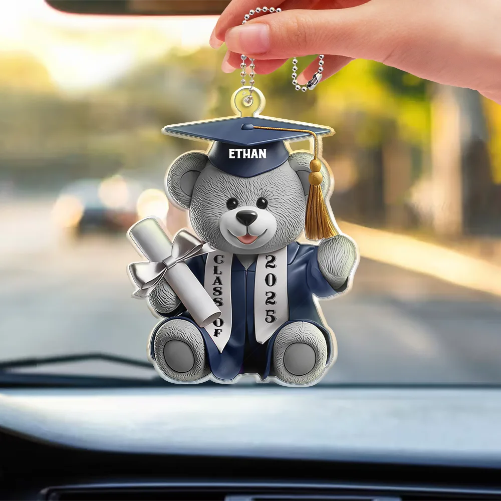 Graduation, Dad - Children, Mom - Children, Happy, Gift For Brothers, Gift For Sibling - Graduation Bear 3D Effect - Personalized Acrylic Car Hanger