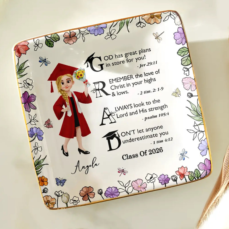 Graduation,Gift For Yourself,Gift For Women,Gift For Men,Happy - Graduation Motivation God Has Great Plans For You - Personalized Ring Dish