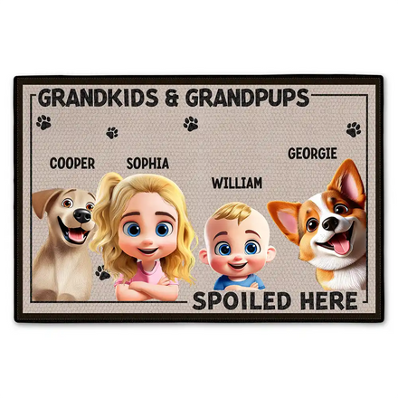 Grandkids And Grandpups Spoiled Here - Personalized Doormat