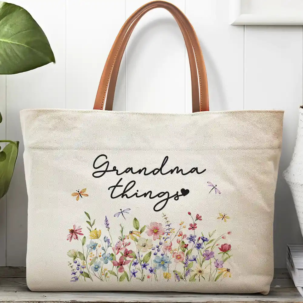 Grandma Things Grandma Getaway Bag Wild Flowers - Personalized Leather Handle Tote Bag