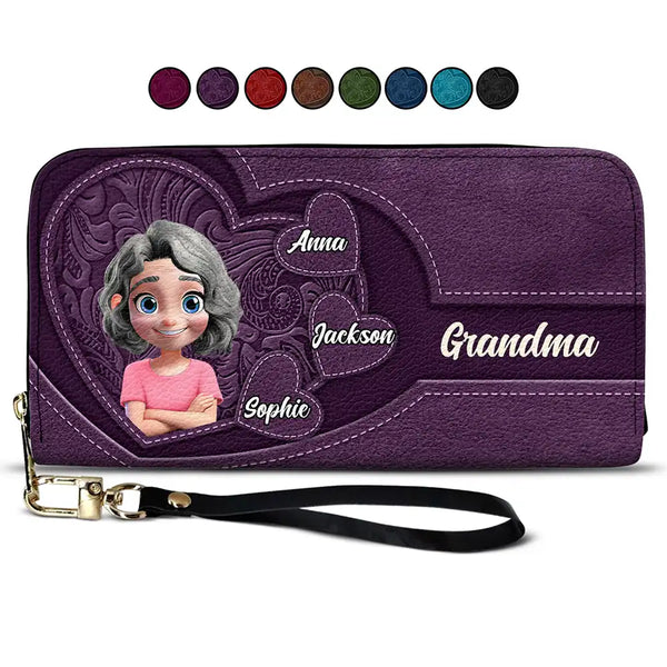Gift For Mother - Grandma Mother And Her Sweethearts - Personalized Leather Long Wallet