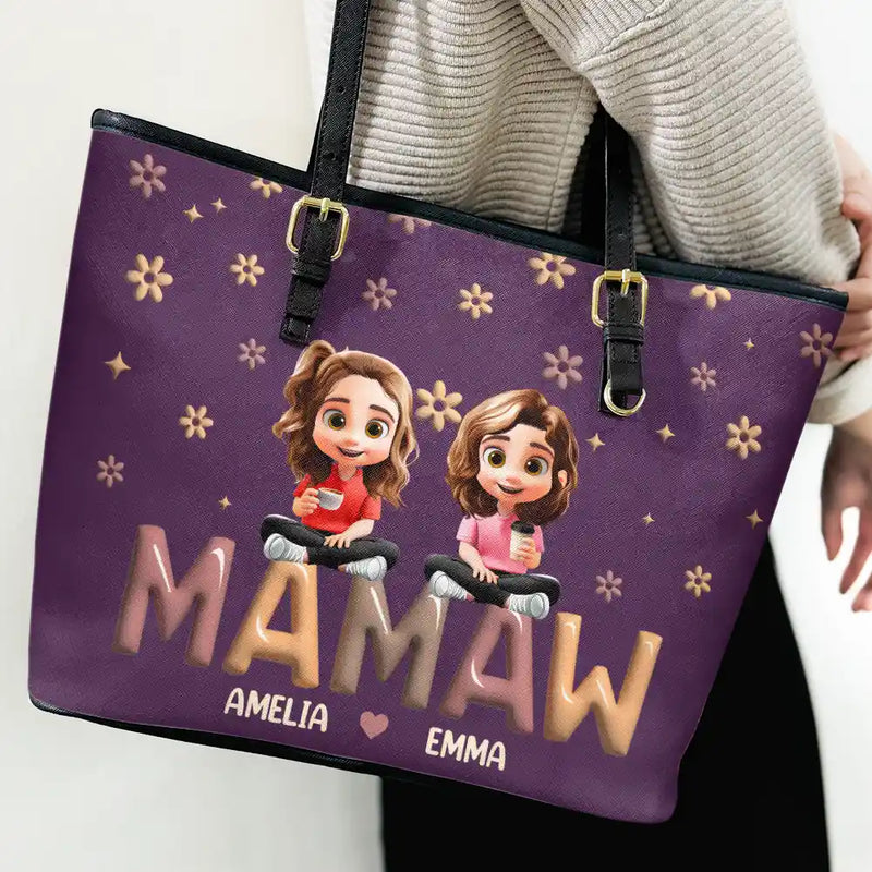 Gift For Mother, Gift For Grandma, Happy, Gift For Wife - Grandma Grandkid Cartoon - Personalized Leather Tote Bag