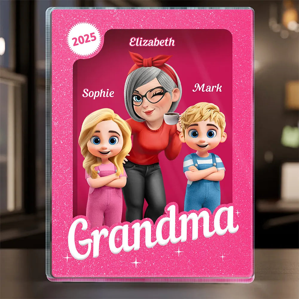 Gift For Grandma,Gift For Mother,Gift For Kids,Gift For Grandkids,Happy - Grandma Grandkids 3D Effect Pink Action Figure - Personalized Custom Shaped Acrylic Plaque