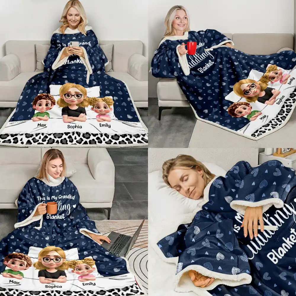 Gift For Grandma, Gift For Grandpa, Happy - Grandma Grandpa My Grandkid Cuddling - Personalized Wearable Blanket With Sleeves