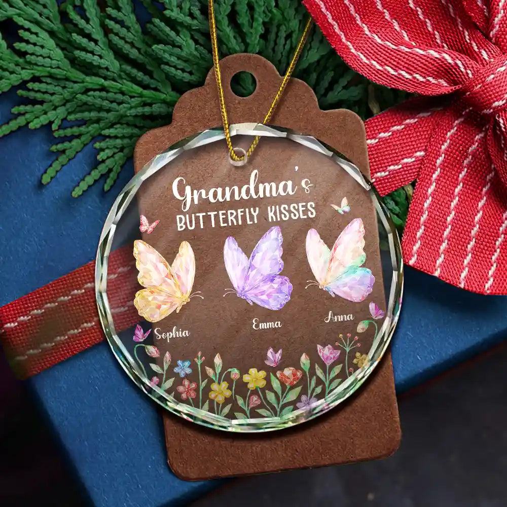 Grandma,Grandkids,Gift For Grandkids,Gift For Grandma,Top Market,Love,Christmas -  Grandma Kisses Crystal Effect Butterflies - Personalized Circle Glass Ornament