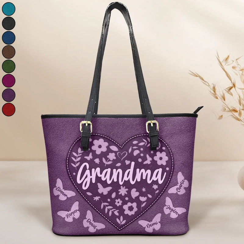 Gift For Grandma, Gift For Mother, Happy - Grandma Leather Floral - Personalized Leather Tote Bag