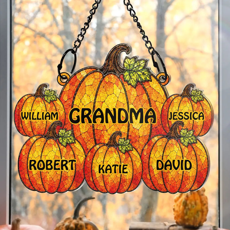 Adorable,Grandpa - Grandkids,Gift For Grandkids,Gift For Grandpa,Icon - Grandma Little Pumpkins - Personalized Window Hanging Suncatcher Ornament
